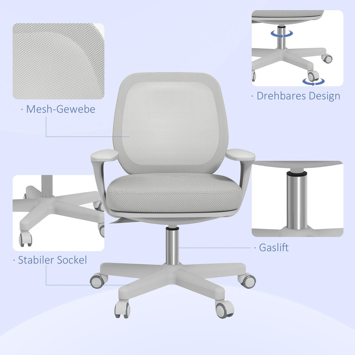 Vinsetto Bürostuhl, Ergonomisch Schreibtischstuhl mit Drehfunktion, Höhenverstellbar 55 x 48 x 82,5-94,5 cm Grau
