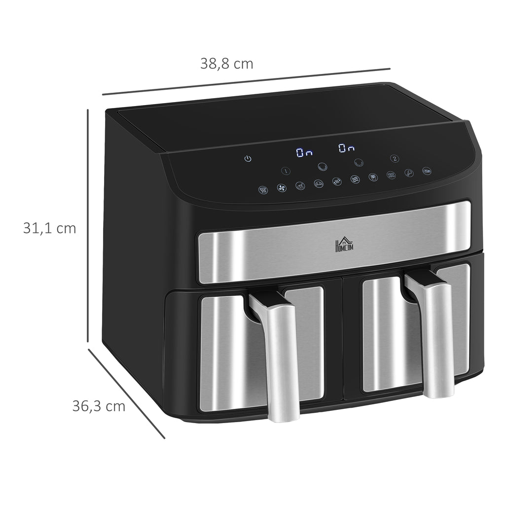 HOMCOM Heißluftfritteuse Multifunktionale Heißluftfritteuse,  8 L Fassungsvermögen, 2 Körbe, 60 min Time, Silber + Schwarz