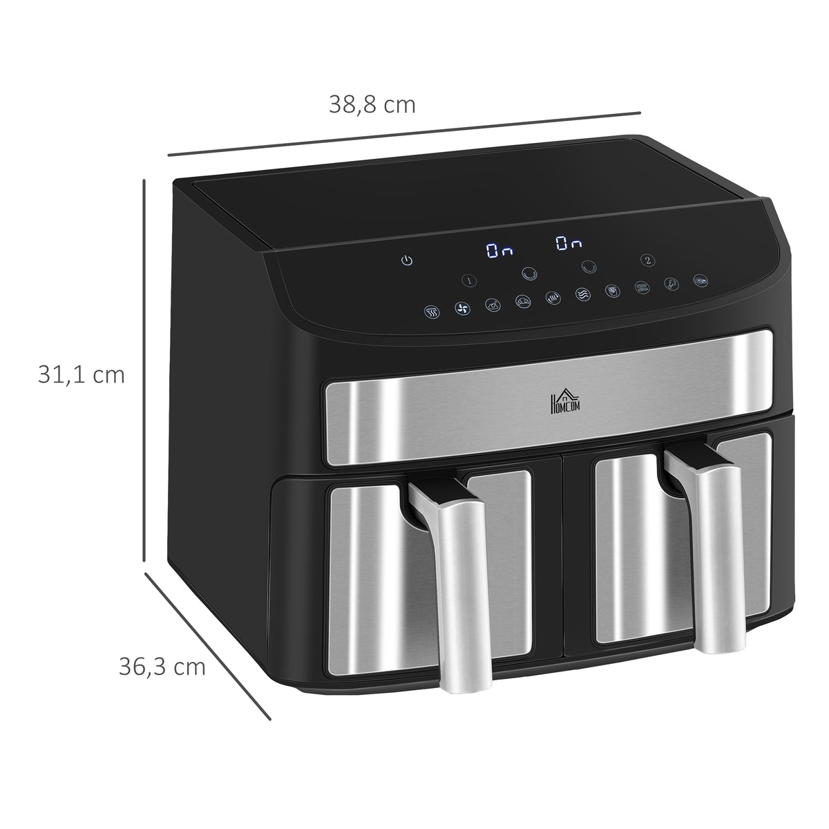 HOMCOM Heißluftfritteuse Multifunktionale Heißluftfritteuse,  8 L Fassungsvermögen, 2 Körbe, 60 min Time, Silber + Schwarz
