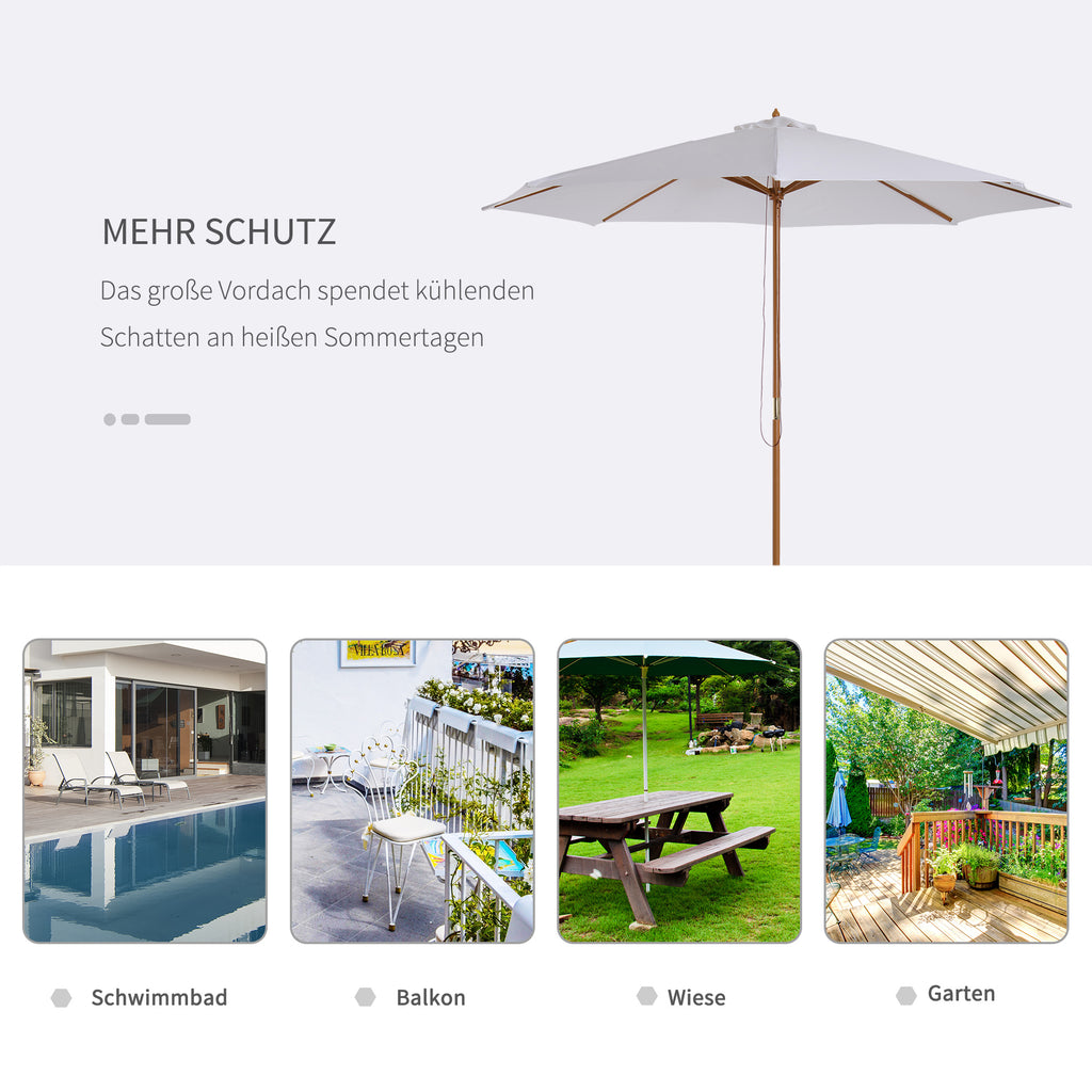 Outsunny Sonnenschirm Ø 300 cm, Sonnenschirm mit UV Schutz Balkonschirm aus Holz Strandschirm stabil Marktschirm Sonnenschutz für Strand Terrasse Garten, Weiß
