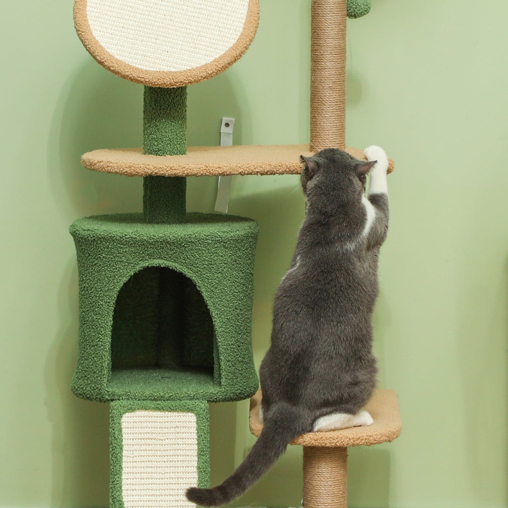 PawHut Kratzbaum, 139 cm Katzenbaum mit Höhle, Spielbällen, Sisal-Kratzpfosten und Plattformen, für zwei Katzen, Grün