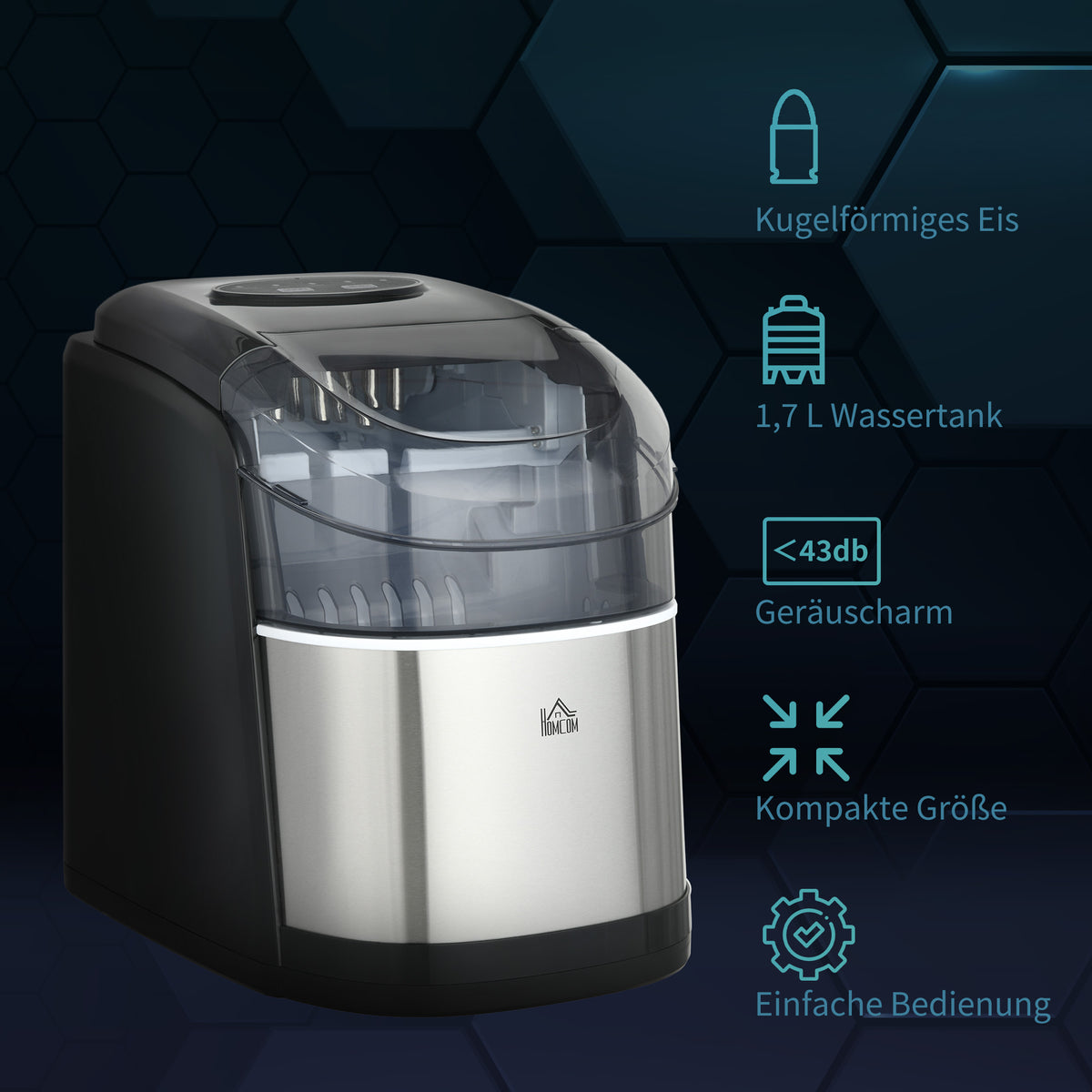 HOMCOM Eiswürfelmaschine Eiswürfelspender, Ice-Maker, 12kg/Tag, 9 Stück/ 6-12Minuten, Silber