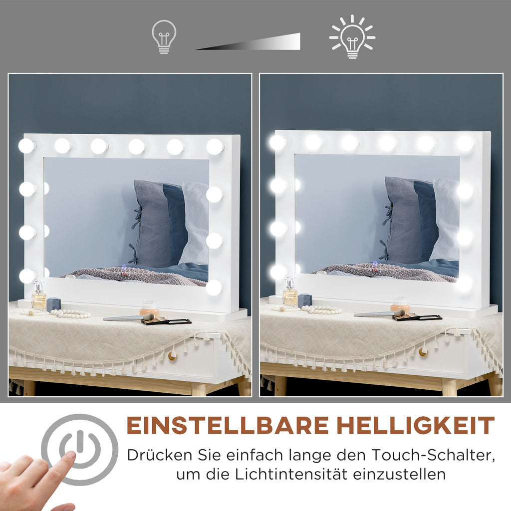 HOMCOM Hollywood Spiegel mit Beleuchtung, Touch-Steuerung, Memory-Funktion, 12 dimmbare LED-Lampen, weiß, 80 x 60 cm