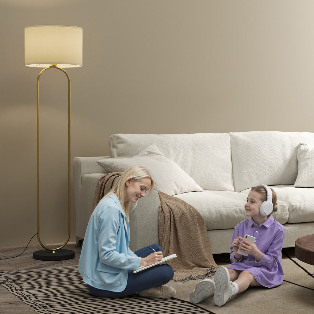 HOMCOM Stehlampe mit Leinenschirm und E27-Fassung, moderner Stil, Fußschalter für Wohnzimmer und Schlafzimmer, 156 cm, gold und schwarz