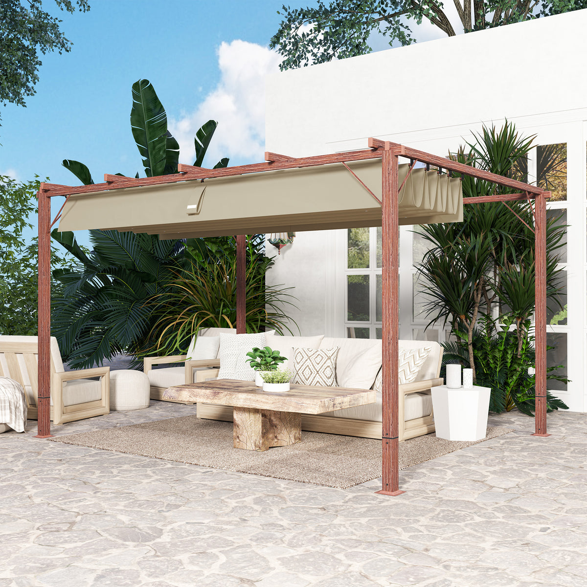 Outsunny 3 x 4 m Garten-Pergola, Verstellbares Terrassendach, Aluminium-Rahmen, UPF30+ Sonnenschutz, Naturholz