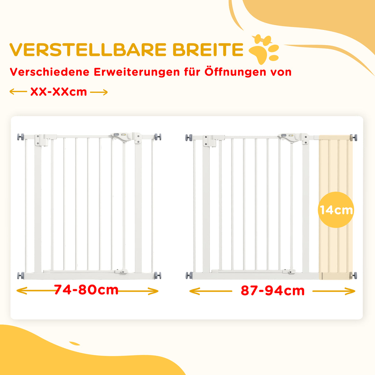 PawHut Türschutzgitter für Hunde, Absperrgitter, Schutzgitter für Haustiere, Metall, Kunststoff, ,74-80/87-94 cm, Weiß