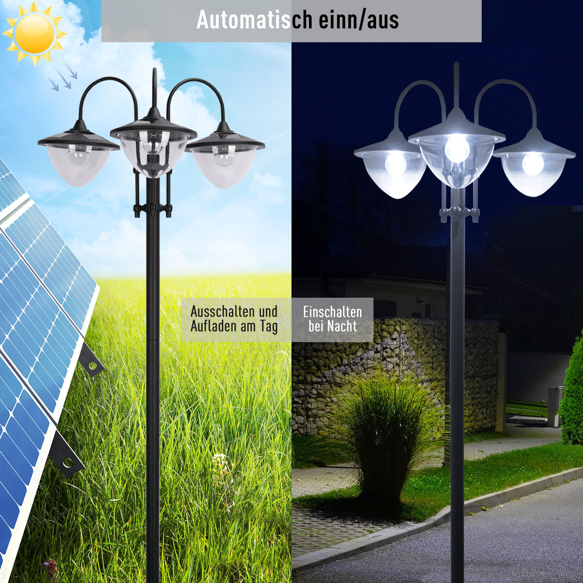 Outsunny Solar Laterne Stehleuchte aus Metall, Gartenlaterne mit Lichtsteuerung, 189 cm hoch, Windlicht Außenleuchte, Wasserdicht IP44 mit Blumentopf-Basis für Garten Balkon Deko Schwarz