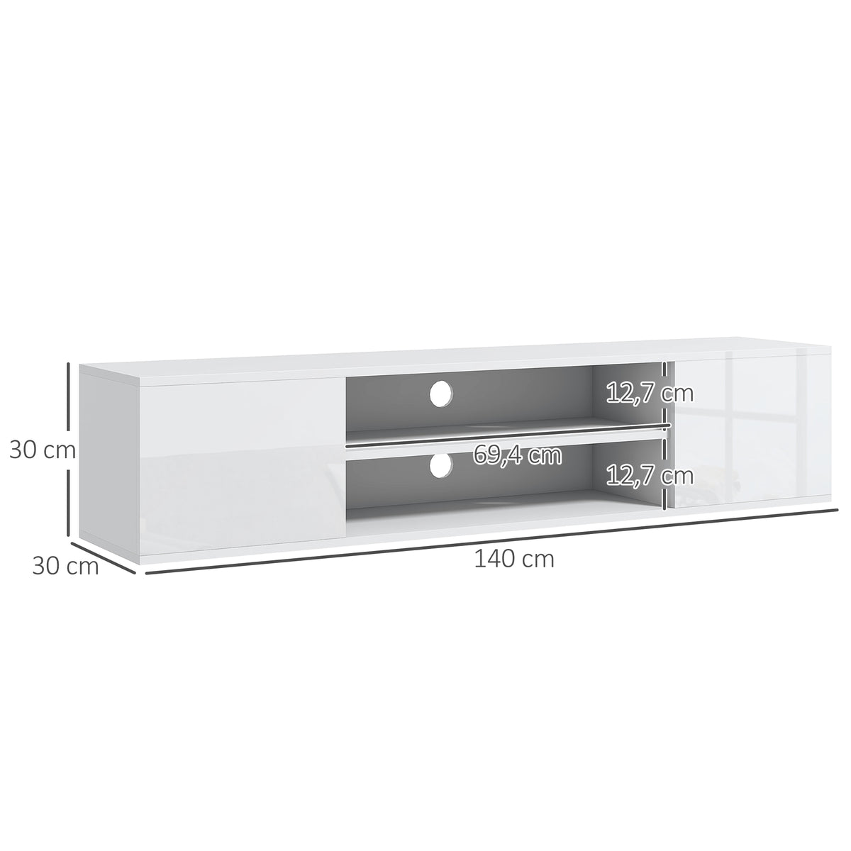 HOMCOM Wandmontiertes TV-Möbel im zeitgenössischen Stil 2 Schränke 2 zentrale Fächer und 2 Kabeldurchführungen 140 x 30 x 30 cm weiß