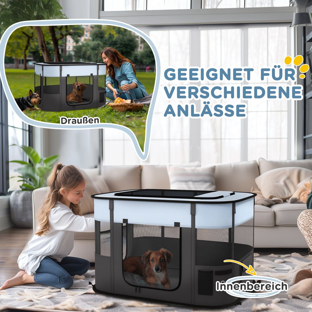 PawHut Spielgehege für Haustiere, faltbar, mit Aufbewahrungstasche, für Welpen und Kätzchen, drinnen und draußen, Grau