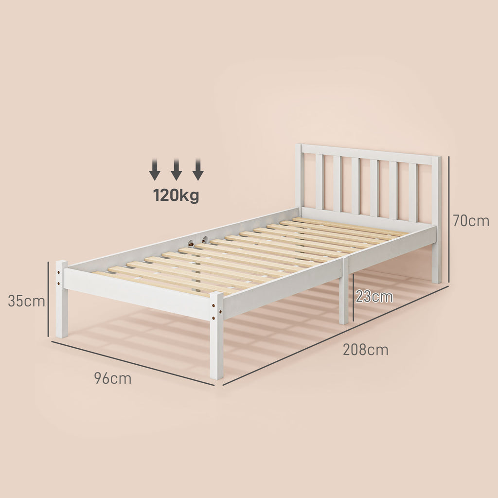 HOMCOM Einzelbettgestell, Kopfteil & Lattenrost, 26cm Freiraum unter Bett, Kiefernholz, 208x96x70 cm, Weiß