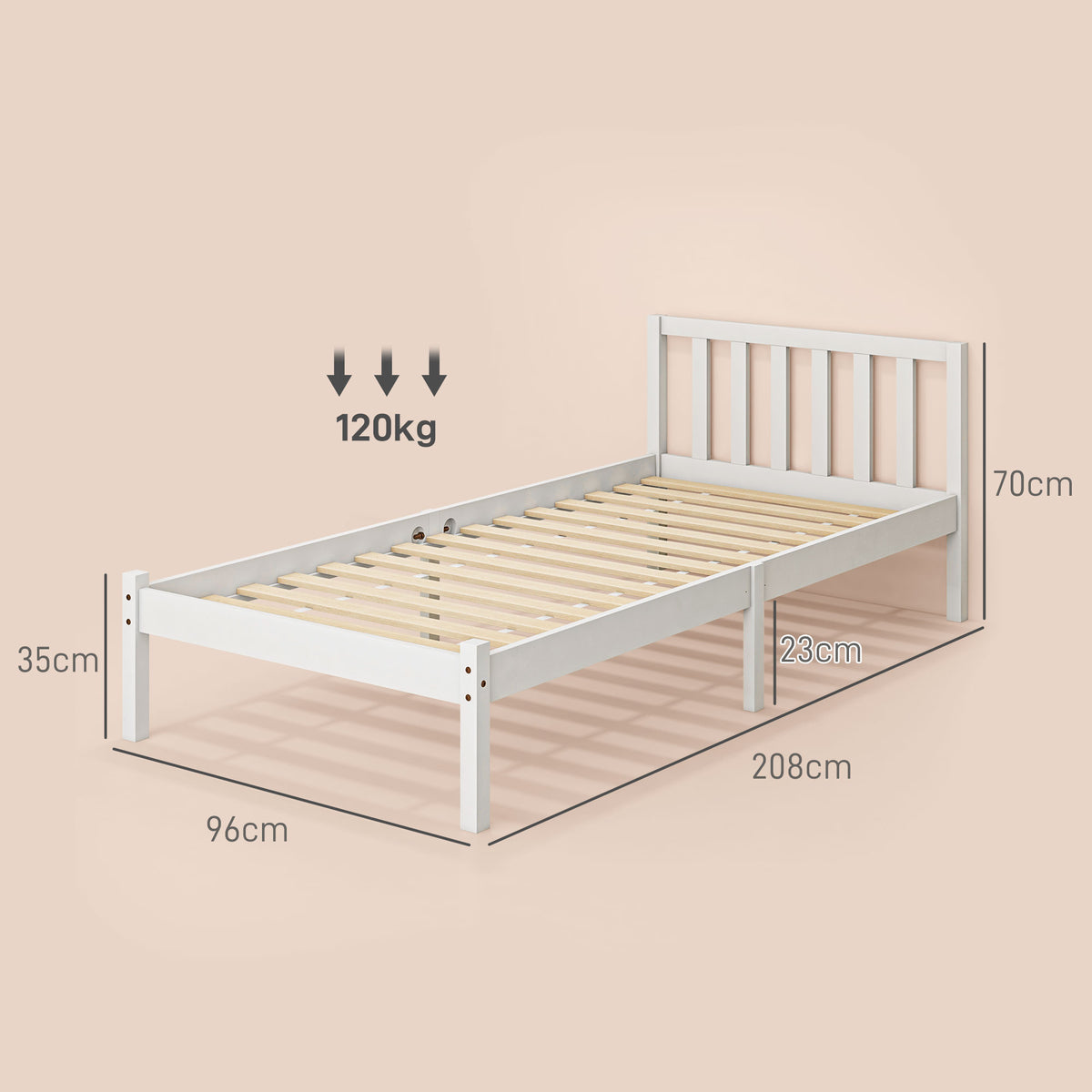 HOMCOM Einzelbettgestell, Kopfteil & Lattenrost, 26cm Freiraum unter Bett, Kiefernholz, 208x96x70 cm, Weiß