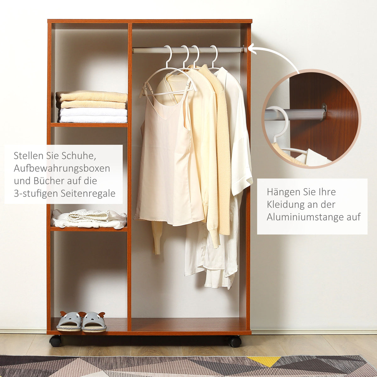 HOMCOM Kleiderschrank auf Rollen, mobile Garderobe, Garderobenschrank, Rollbarer Kleiderständer, 80 x 40 x 128 cm, Walnuss