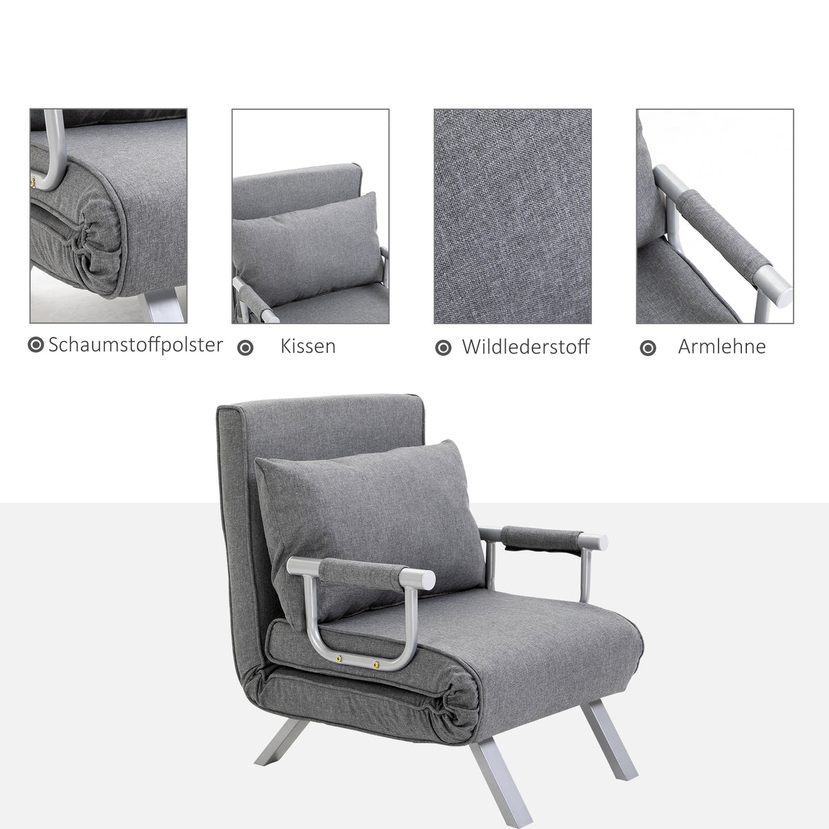 HOMCOM Relaxsessel Liegesessel Sessel, Liegefunktion, Gästebett, 65 cm x 69 cm x 80 cm, Grau