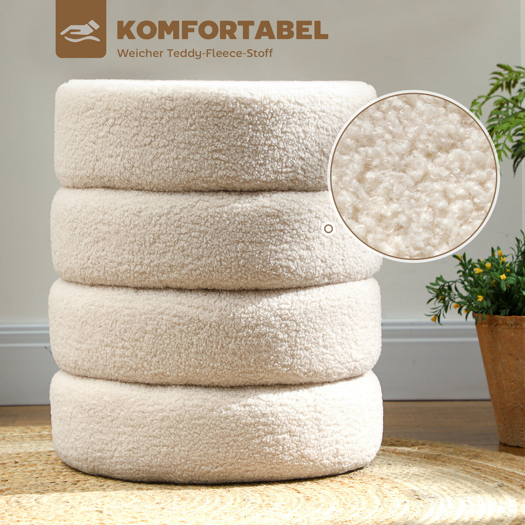 HOMCOM Hocker, rund, Teddyfleece, Metallgestell, bis 120kg, Φ40x45H cm, Beige
