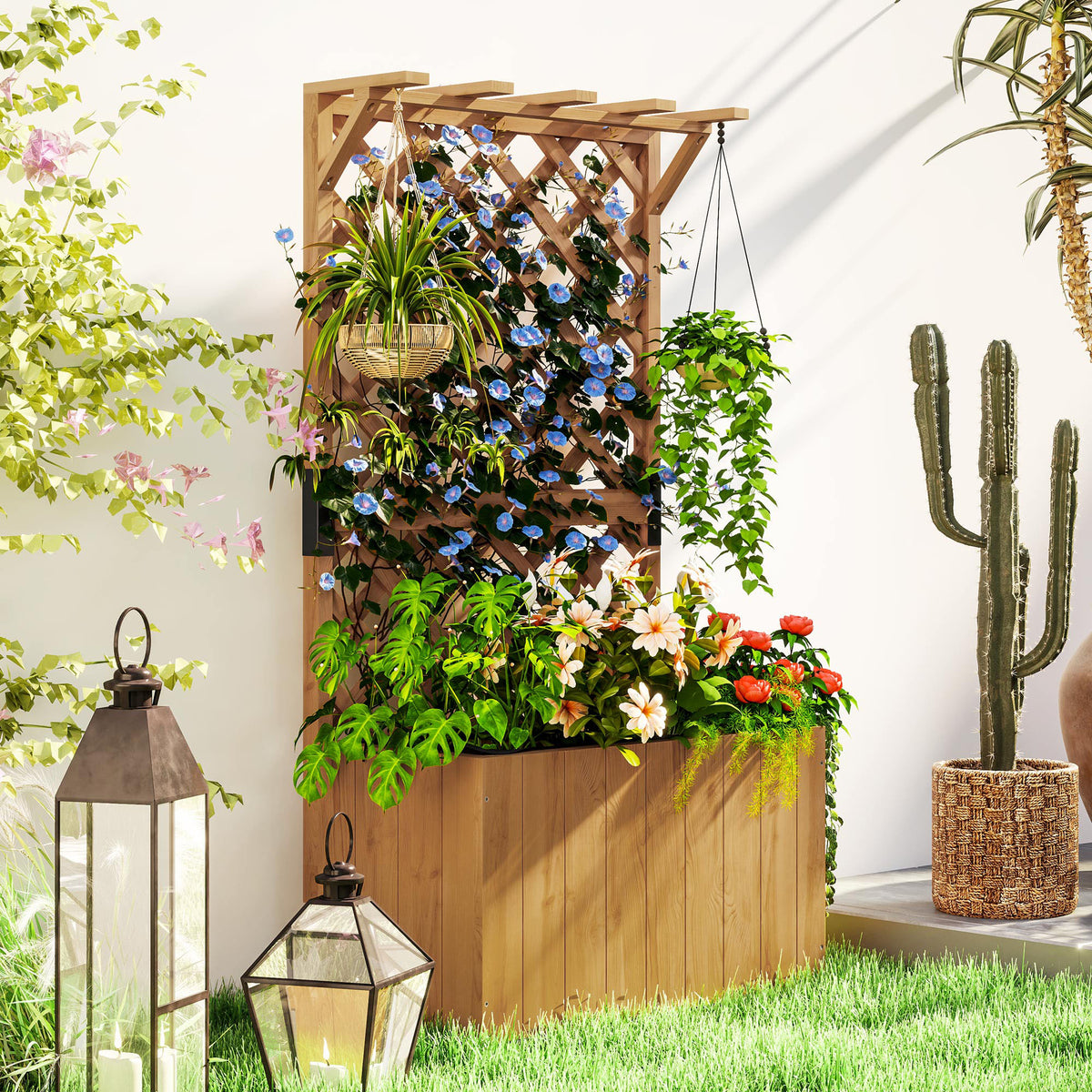 Outsunny Hochbeet Pflanzkasten mit Rankgitter, Spalier Pflanzkübel Blumenkasten Holz, Gartenspalier 64 x 33 x 122cm Naturholz