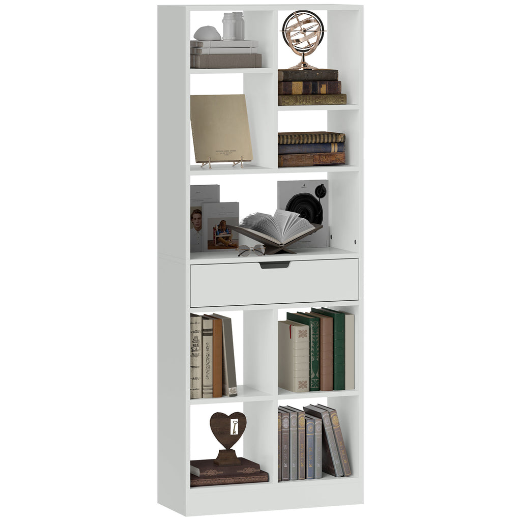 HOMCOM Bücherregal, Mehrzweckregal, 9 Fächer, Schublade, Kippschutz, 60 x 26 x 158 cm, Weiß