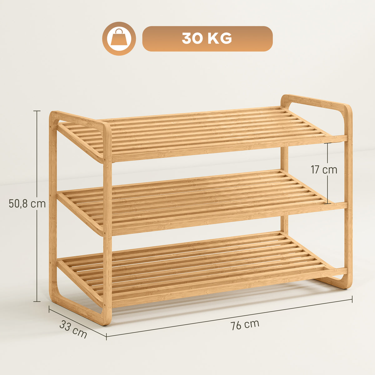 HOMCOM Bambusregal, Schuhregal, Flurregal, 3-stufiges Design, 30 kg Belastbarkeit, Holz