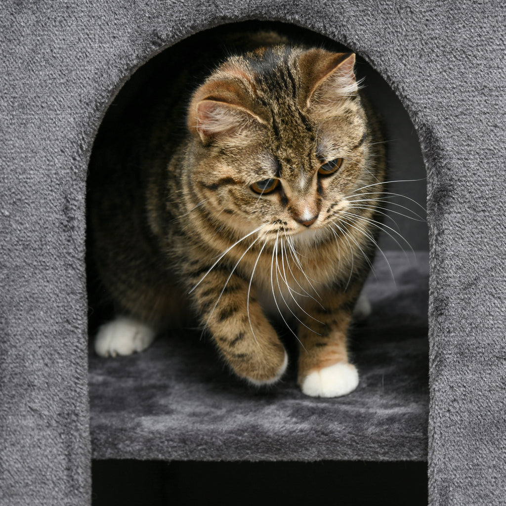 PawHut Kratztonne mit 2 Katzenhöhlen, 1 Liegefläche, Sisal-Kratzmatte, Plüsch, Grau + Natur