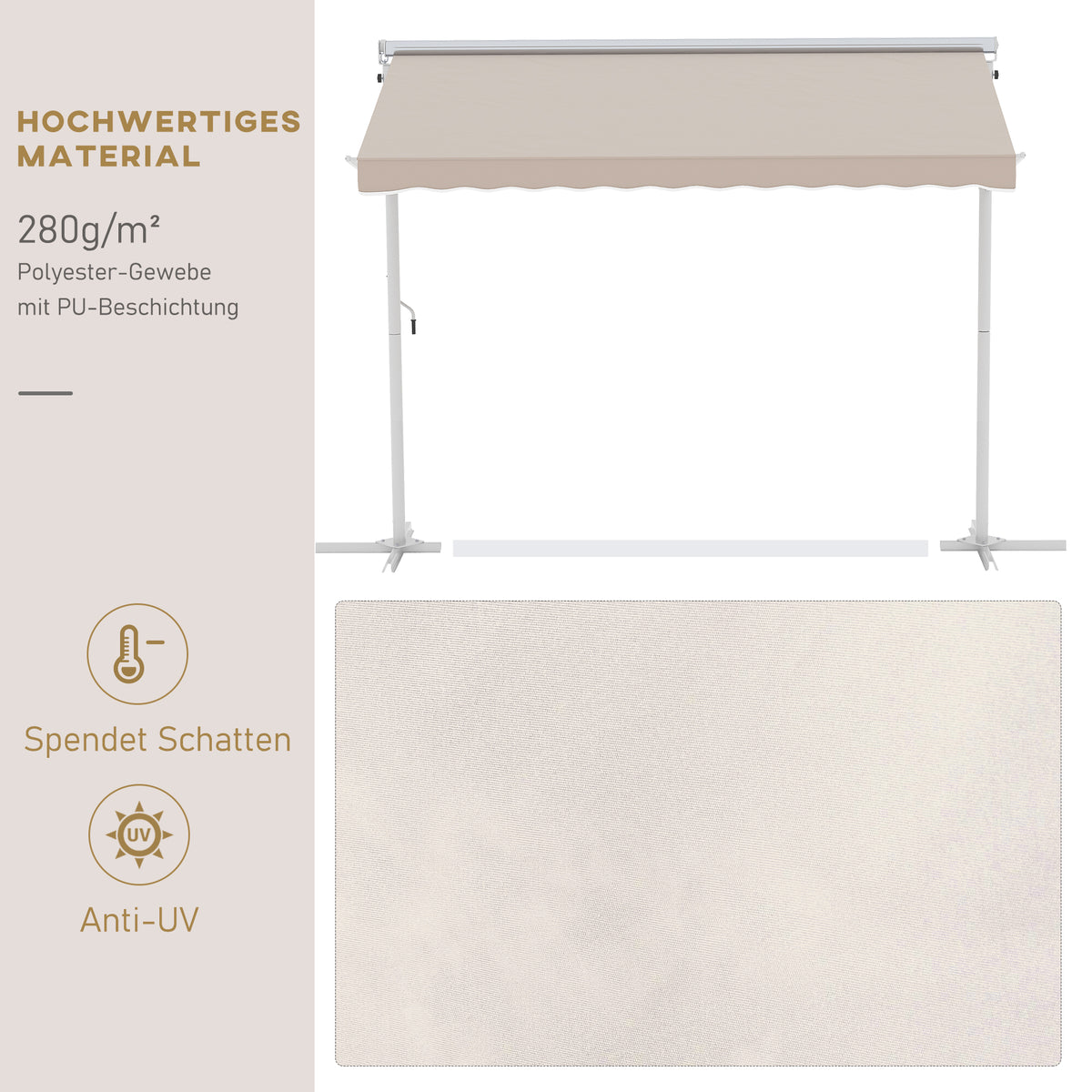Outsunny Standmarkise Gartenmarkise Markise mit Faltarm Kurbel Terrasse Creme 3x3m