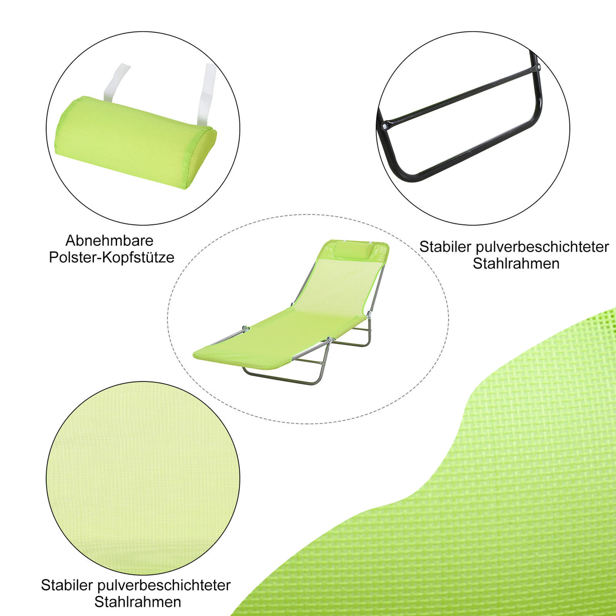Outsunny Sonnenliege klappbar Gartenliege mit Kopfkissen Liegestuhl verstellbar mit 5-Fach Campingliege bis 120kg belastbar für Garten, Balkon und Pool geeignet, 4 Farben(Grün)