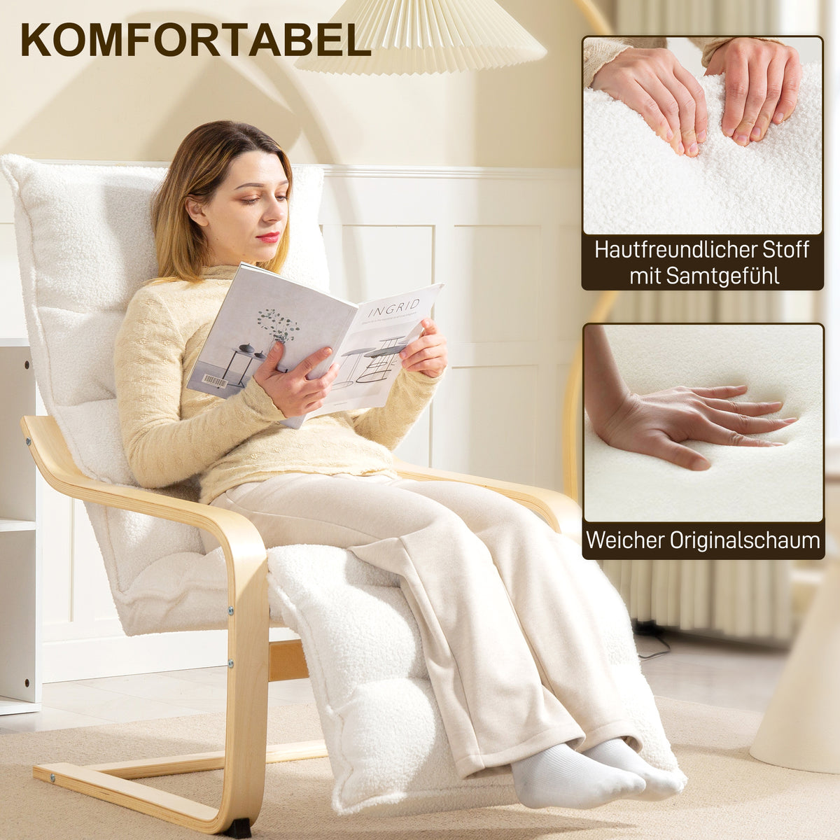 HOMCOM Lounge-Sessel aus Birkenholz, Polstersessel, verstellbare Fußstütze, Weiß