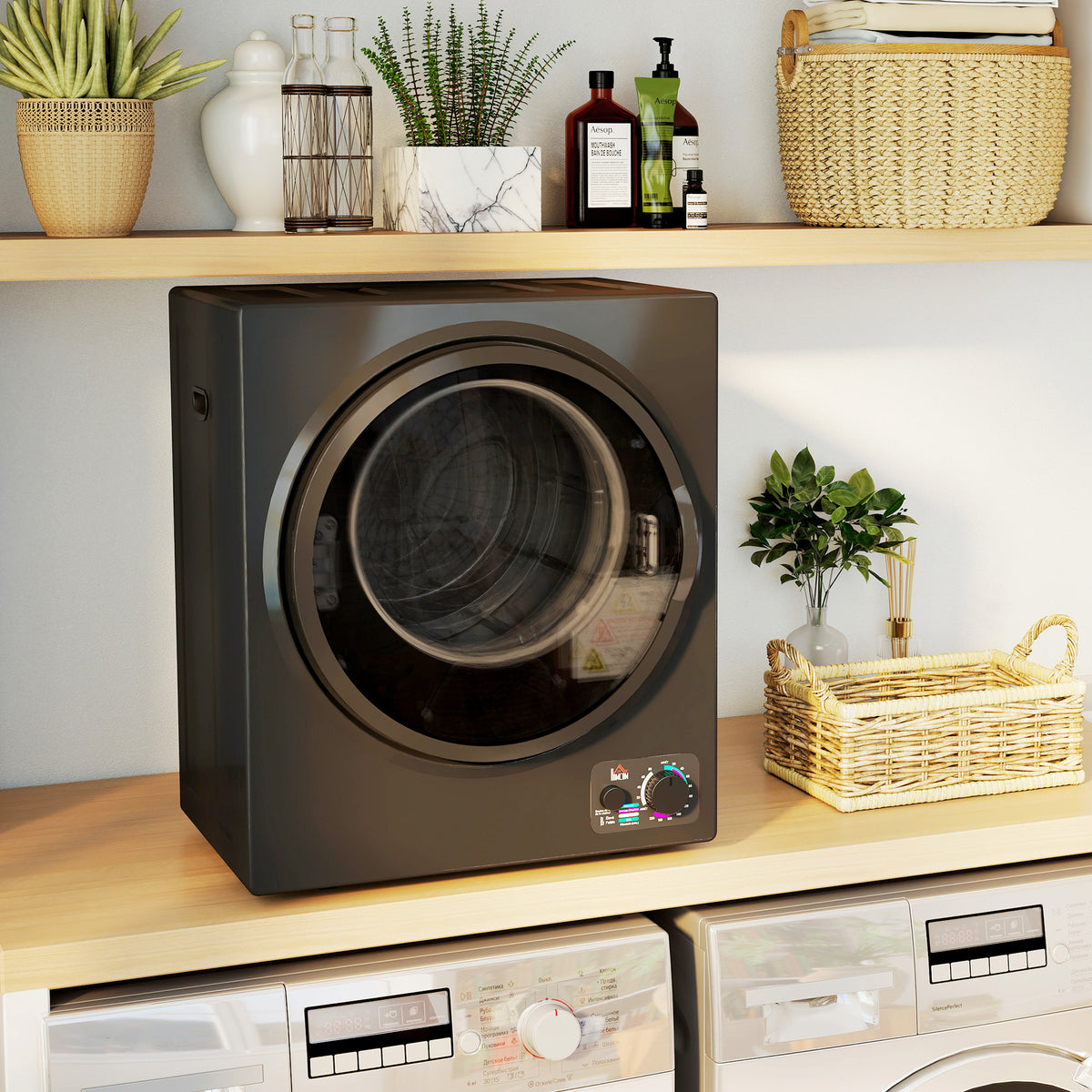 HOMCOM Tragbarer elektrischer Wäschetrockner 850W, Kapazität 33L, 4 Betriebsmodi, Edelstahl, 49 x 40,5 x 60 cm, Schwarz