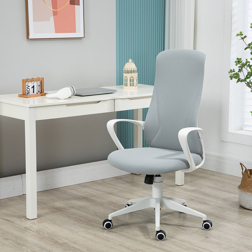 Vinsetto Bürostuhl mit Wippfunktion, Höhenverstellbar, bis 120 kg, Ergonomisch, Drehbar, 62x56x110-119,5cm, Hellgrau