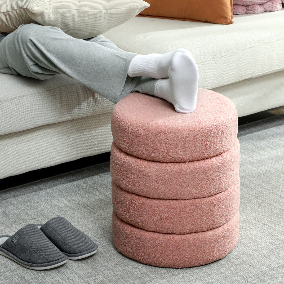 HOMCOM Hocker, rund, Teddyfleece, Metallgestell, bis 120kg, Φ40x45H cm, Rosa