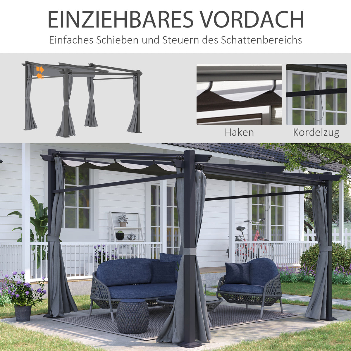 Outsunny Pergola, inklusive Befestigungsmaterial, ausziehbares Dach, 2.,97 m x 2,95 m x 2,3 m, Dunkelgrau