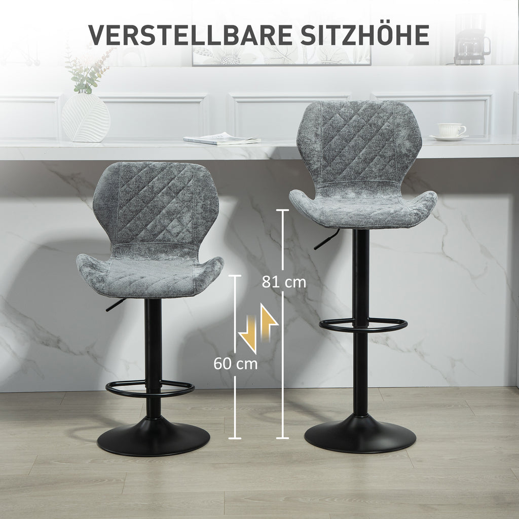 HOMCOM Barstühle im 2er-Set, Höhenverstellbare Küchenhocker mit Rückenlehne, Gaslift, Fußstütze, drehbar, Grau