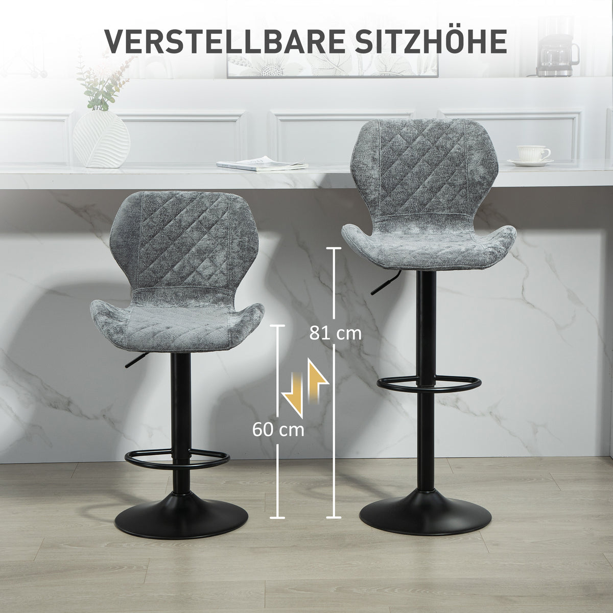 HOMCOM Barstühle im 2er-Set, Höhenverstellbare Küchenhocker mit Rückenlehne, Gaslift, Fußstütze, drehbar, Grau
