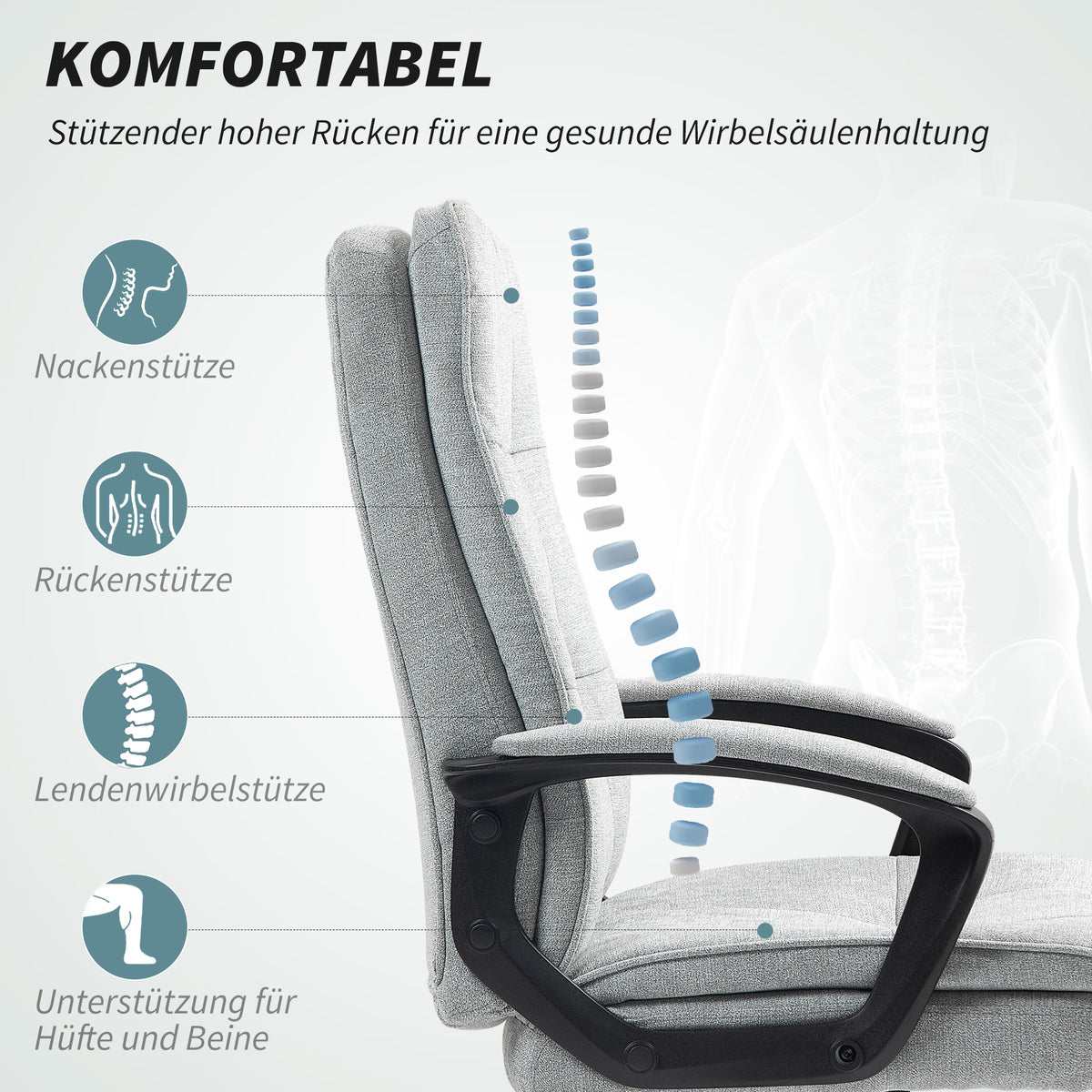 HOMCOM Bürostuhl, Schreibtischstuhl, Kippfunktion, höhenverstellbar, bis 120 kg, Grau