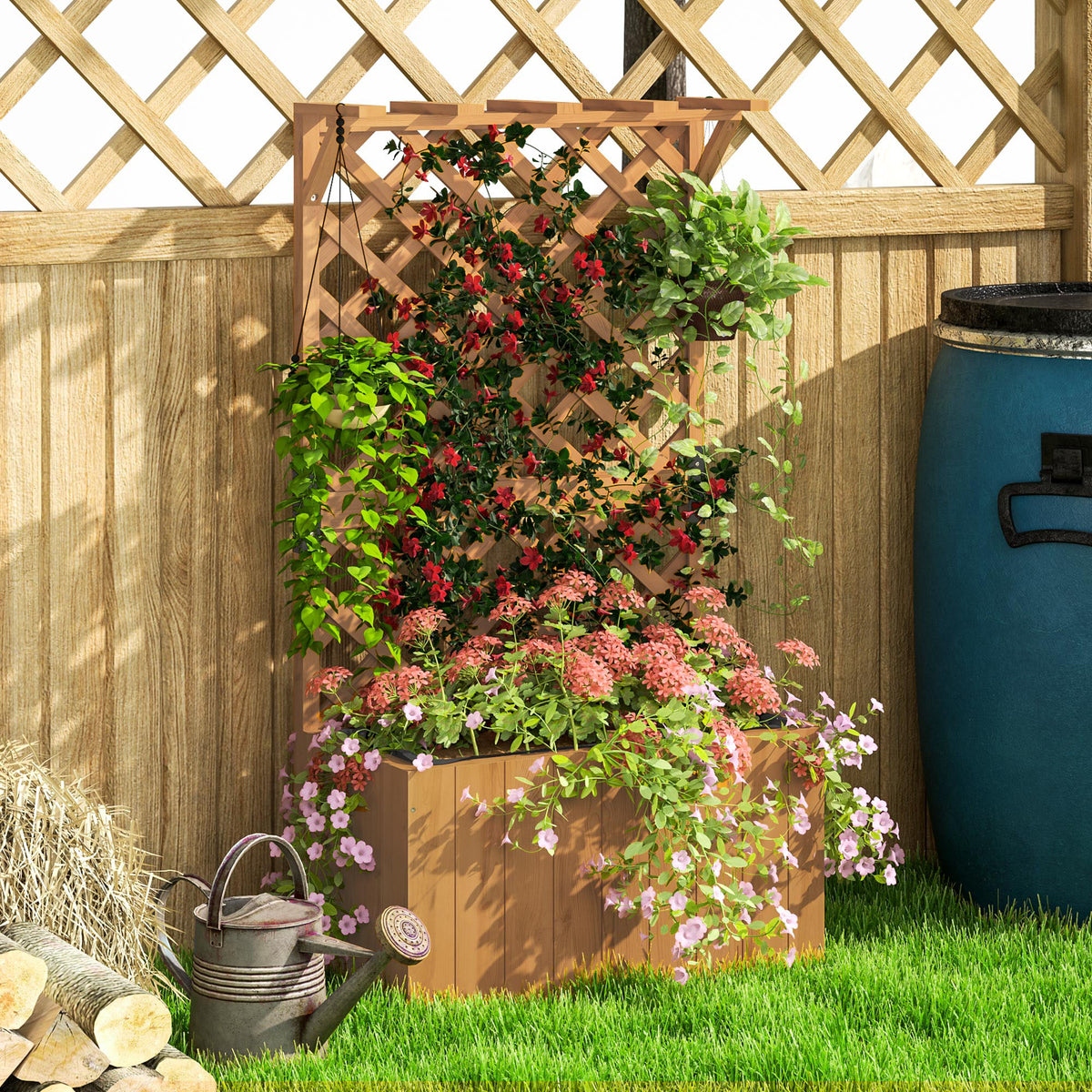 Outsunny Hochbeet Pflanzkasten mit Rankgitter, Spalier Pflanzkübel Blumenkasten Holz, Gartenspalier 64 x 33 x 122cm Naturholz
