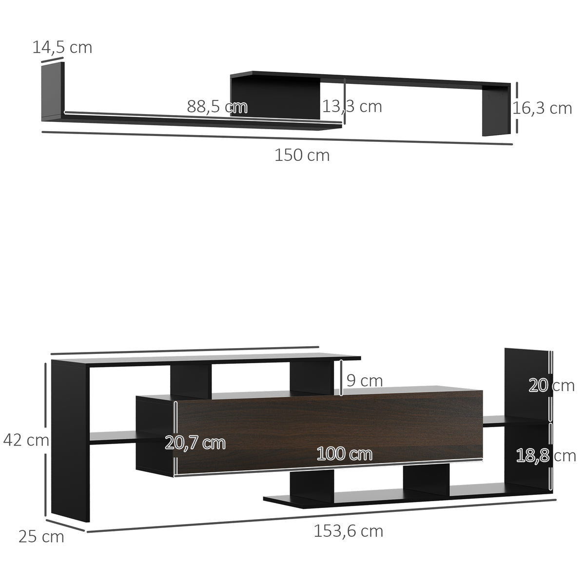 HOMCOM TV-Möbelset mit TV-Bank und Wandregal im zeitgenössischen Stil 153,6H cm - Schwarz