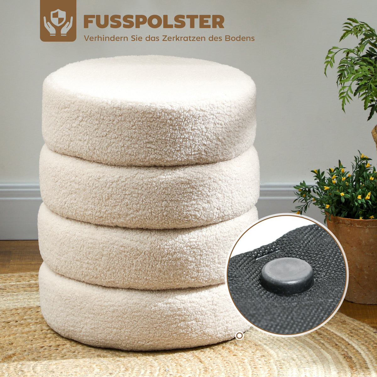 HOMCOM Hocker, rund, Teddyfleece, Metallgestell, bis 120kg, Φ40x45H cm, Beige
