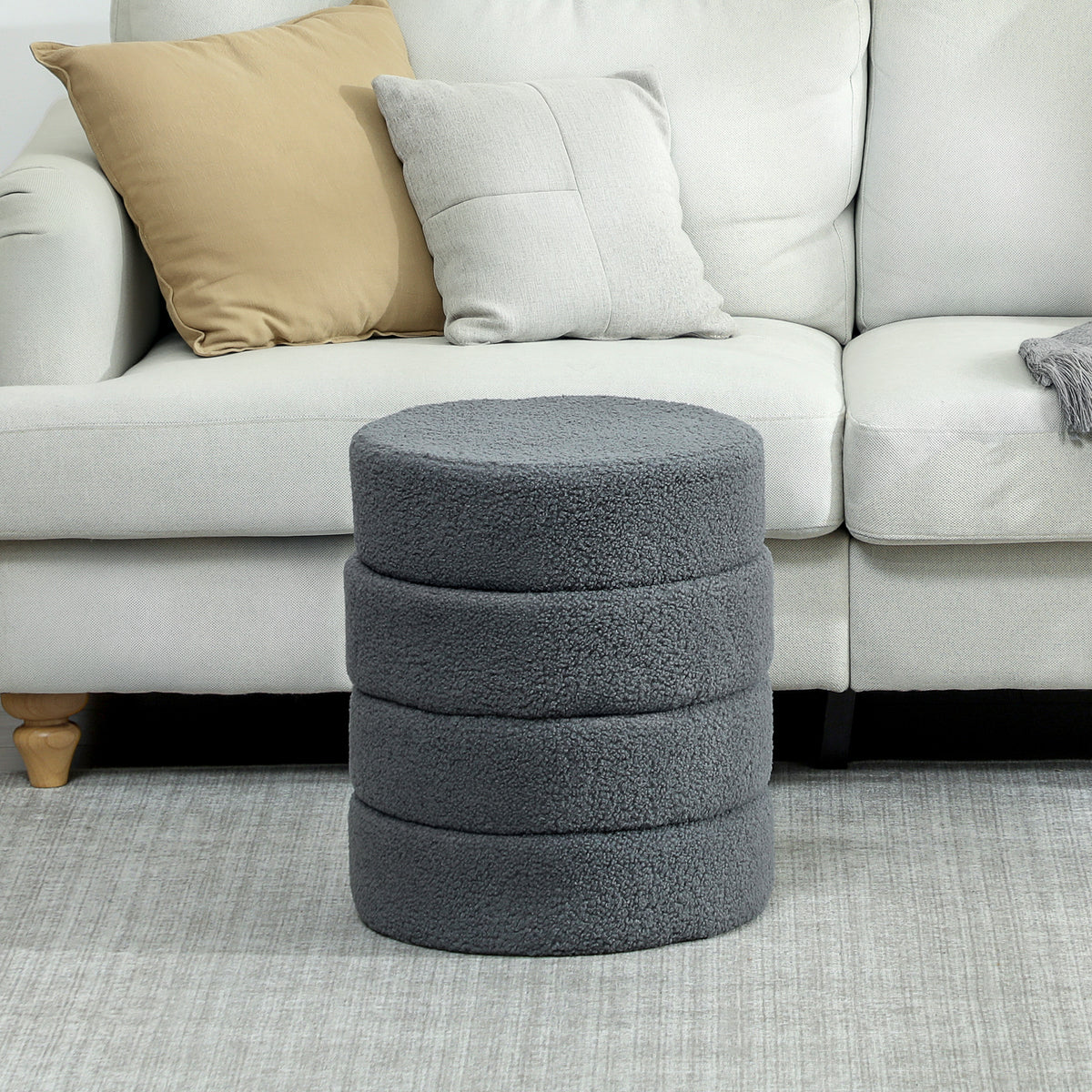 HOMCOM Hocker, rund, Teddyfleece, Metallgestell, bis 120kg, Φ40x45H cm, Dunkelgrau