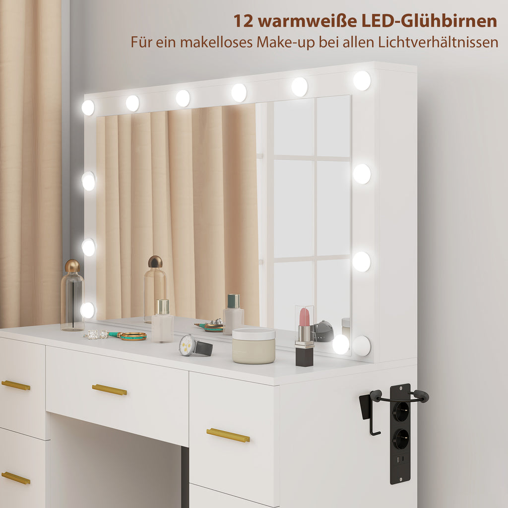 HOMCOM Schminktisch mit Spiegel und 12 LED-Lichtern, Frisiertisch mit 7 Schubladen, 6 versteckte Staufächer, Spanplatte, Weiß