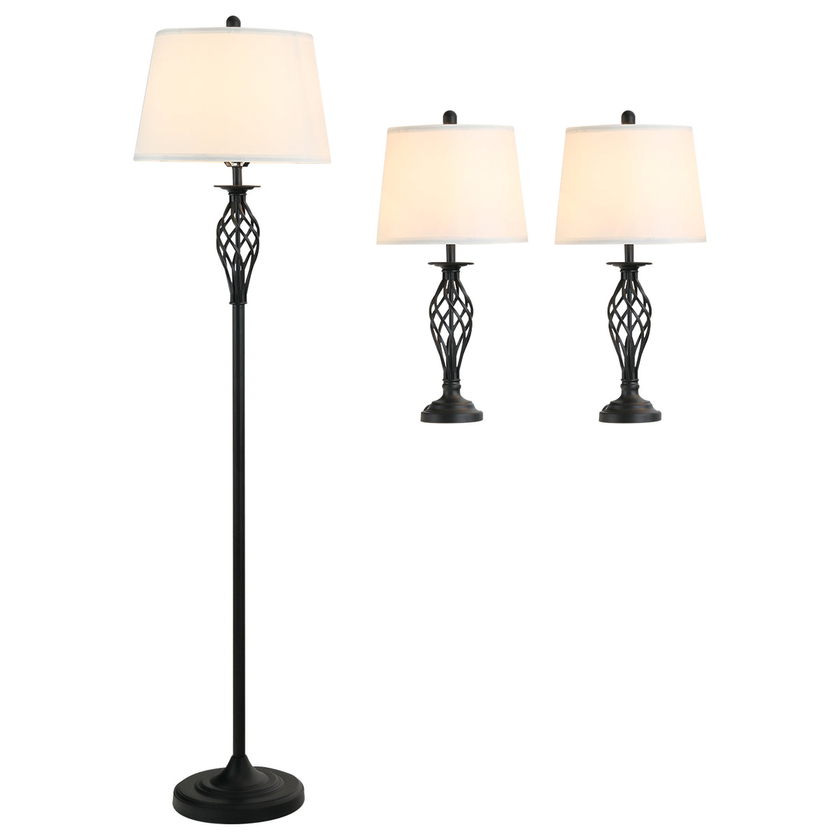 HOMCOM 3er-Lampenset 2 Tischlampe(ø38 x 158H cm) + 1 Stehlampe(ø30 x 62H cm) Metall, PS, Polyester, Baumwolle, Vintage, Schwarz+Weiß