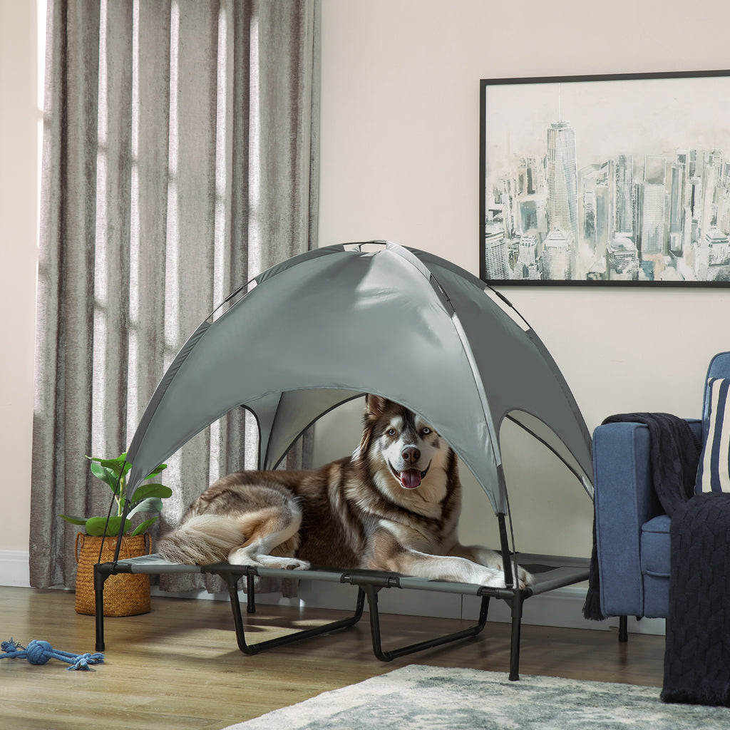 PawHut Erhöhtes Hundebett mit Baldachin, Haustierbett, Hundeliege outdoor mit Dach, Atmungsaktiv, Taftstoff für Camping Grau 122 x 92 x 108 cm