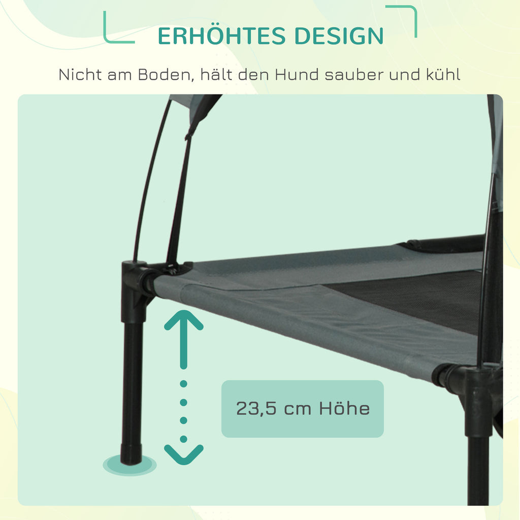 PawHut Erhöhtes Hundebett mit Baldachin, Haustierbett, Hundeliege outdoor mit Dach, Atmungsaktiv, Taftstoff für Camping Grau 122 x 92 x 108 cm