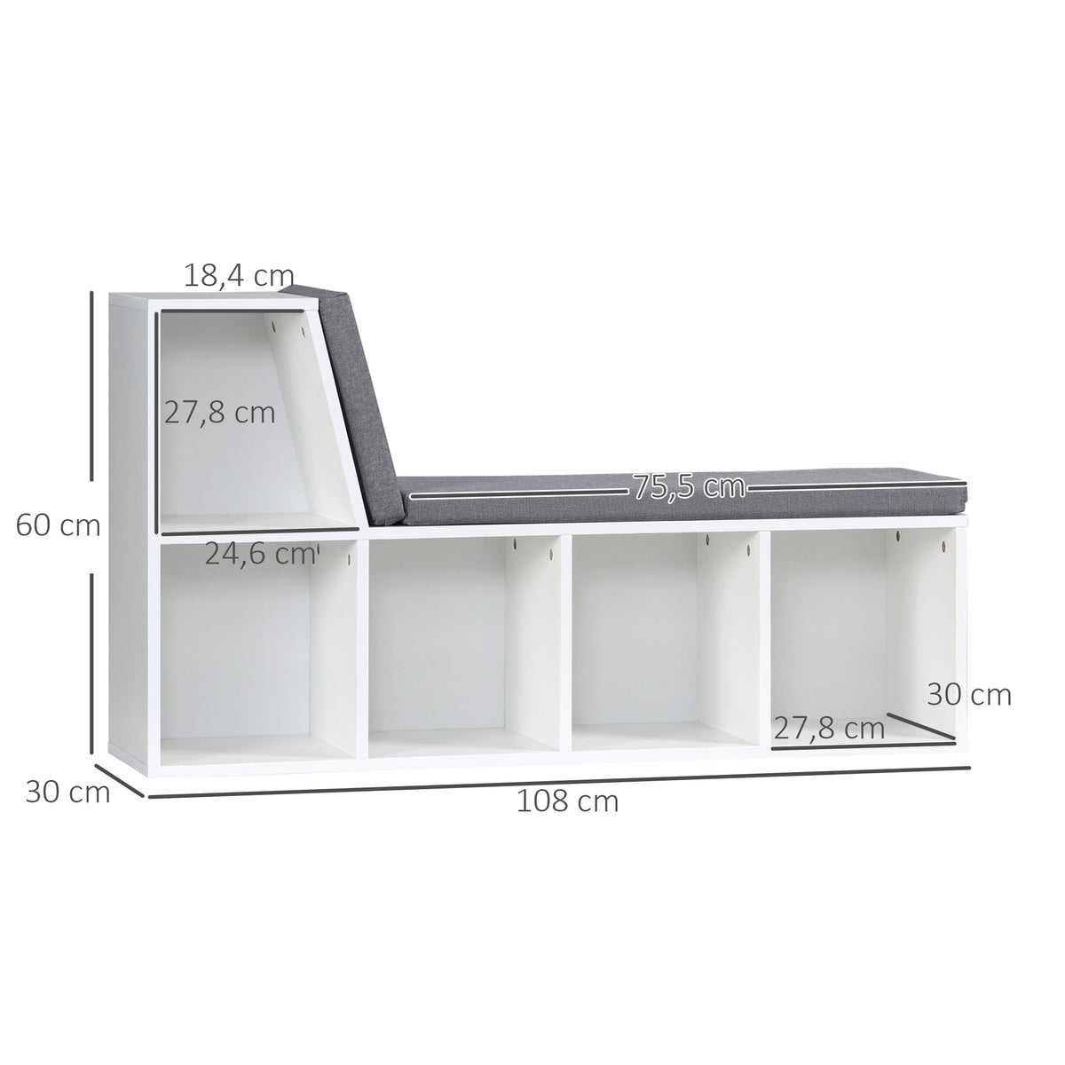 HOMCOM Bibliotheksbank 2 in 1 mit 5 Aufbewahrungsfächern und 2 Kissen 108 x 30 x 60 cm Weiß Grau