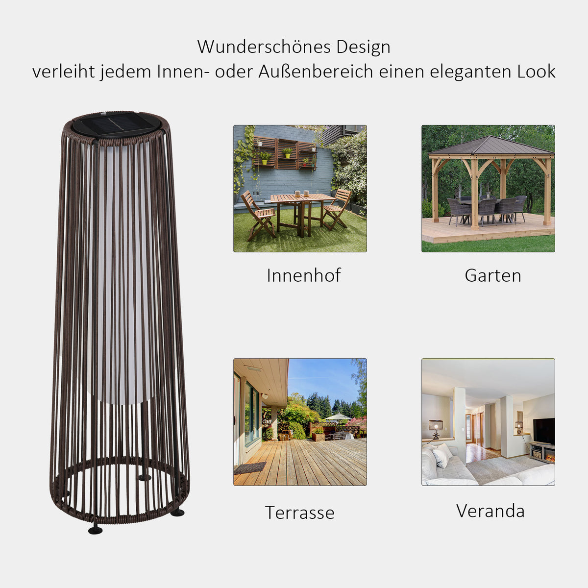 Outsunny Gartenleuchte, Außenlampe, solarbetrieben, 8 Stunden Betrieb, Automatikmodus, Rattanoptik, 21,5 x 21,5 x 61 cm