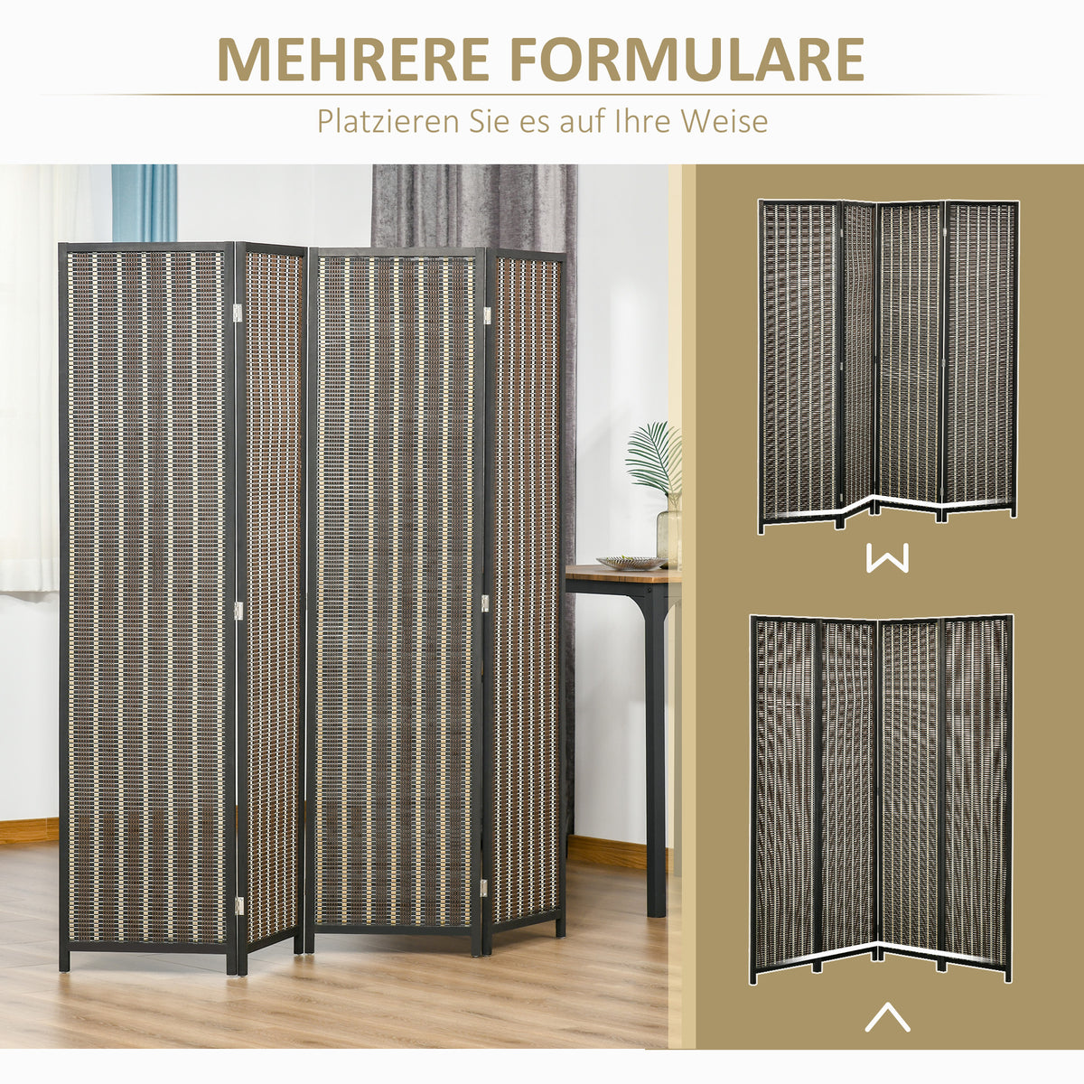 HOMCOM Raumteiler, faltbar, Kiefernholz/Bambus, 180 x 180 cm, Braun/Schwarz