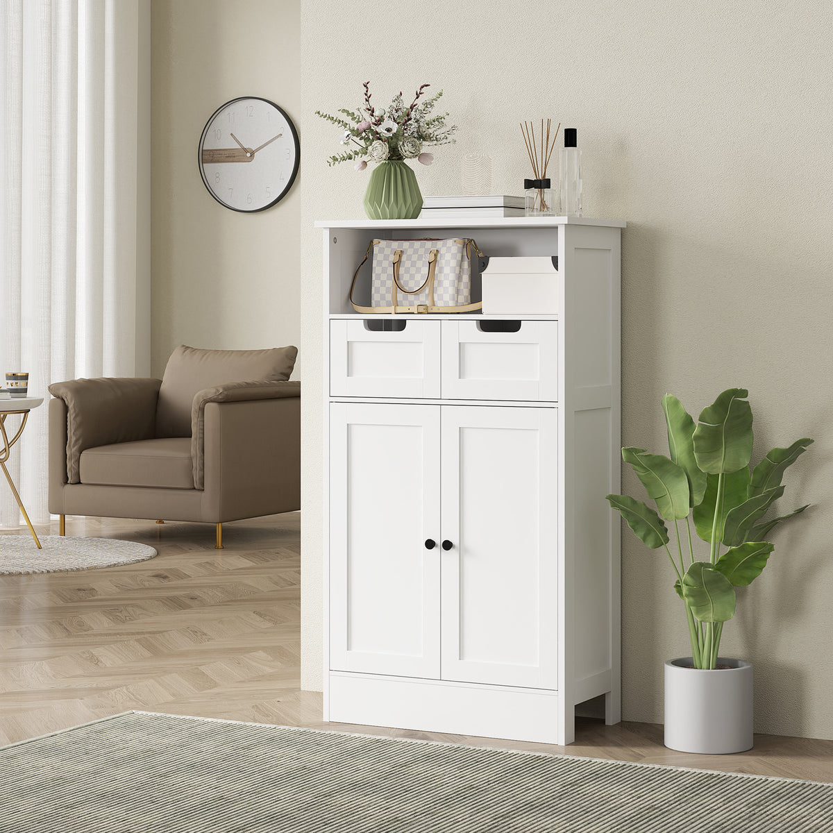 kleankin Badezimmerschrank mit 2 Schubladen, Tür, 60 x 30 x 109 cm, Weiß