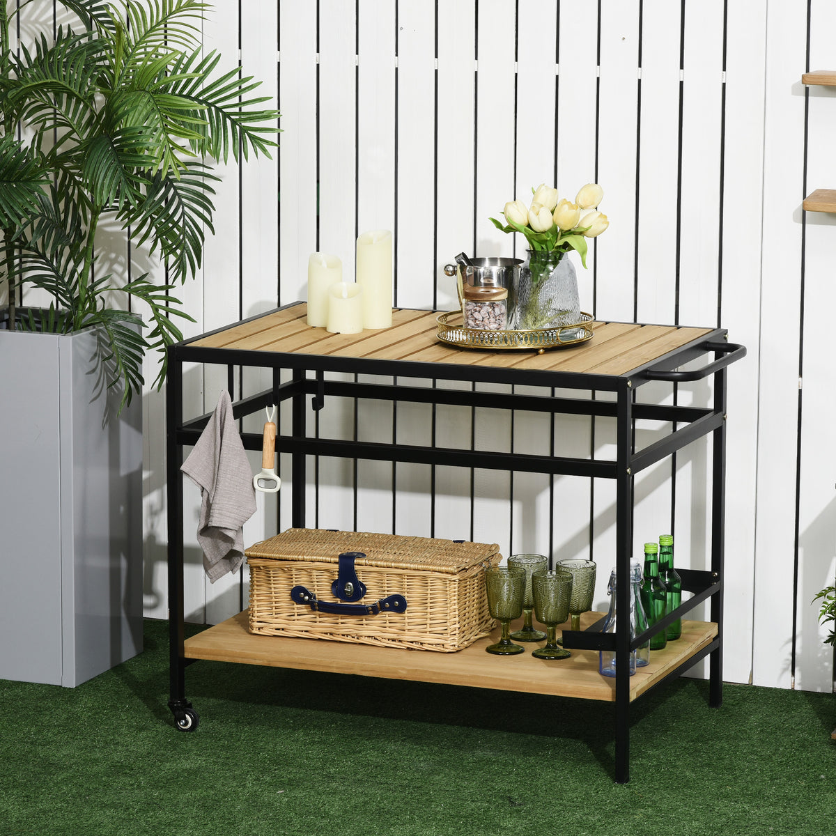 Outsunny Servierwagen im Industrie-Design, wetterbeständig, 3 Haken, 1 Regal,107 cm x 65 cm x 80 cm, Schwarz +Natur