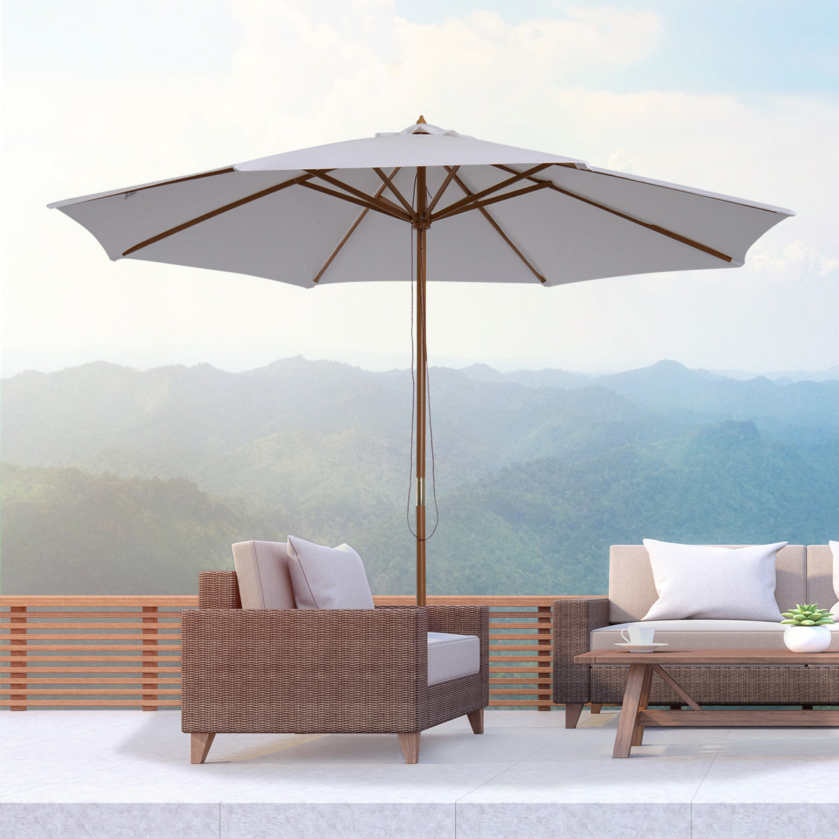 Outsunny Sonnenschirm Ø 300 cm, Sonnenschirm mit UV Schutz Balkonschirm aus Holz Strandschirm stabil Marktschirm Sonnenschutz für Strand Terrasse Garten, Weiß
