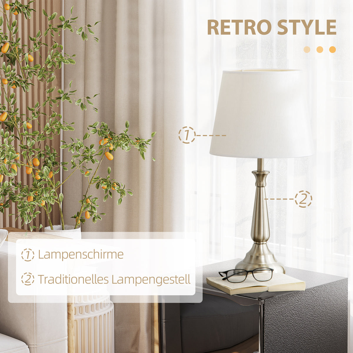 HOMCOM 3-teiliges Lampenset im Vintage-Design, 2 Tischleuchten, 1 Stehleuchte, 35,5 cm x 35,5 cm x 146 cm, Silber + Weiß