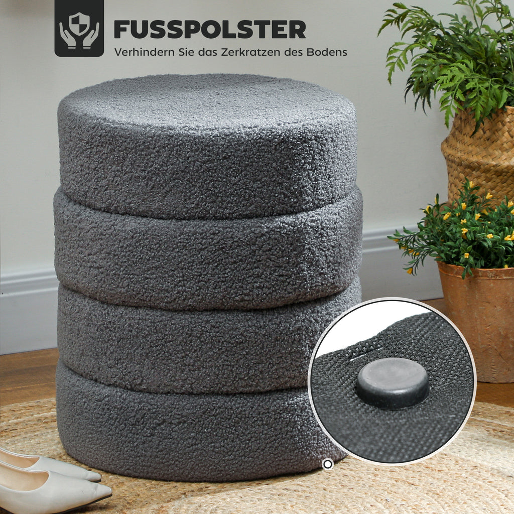 HOMCOM Hocker, rund, Teddyfleece, Metallgestell, bis 120kg, Φ40x45H cm, Dunkelgrau