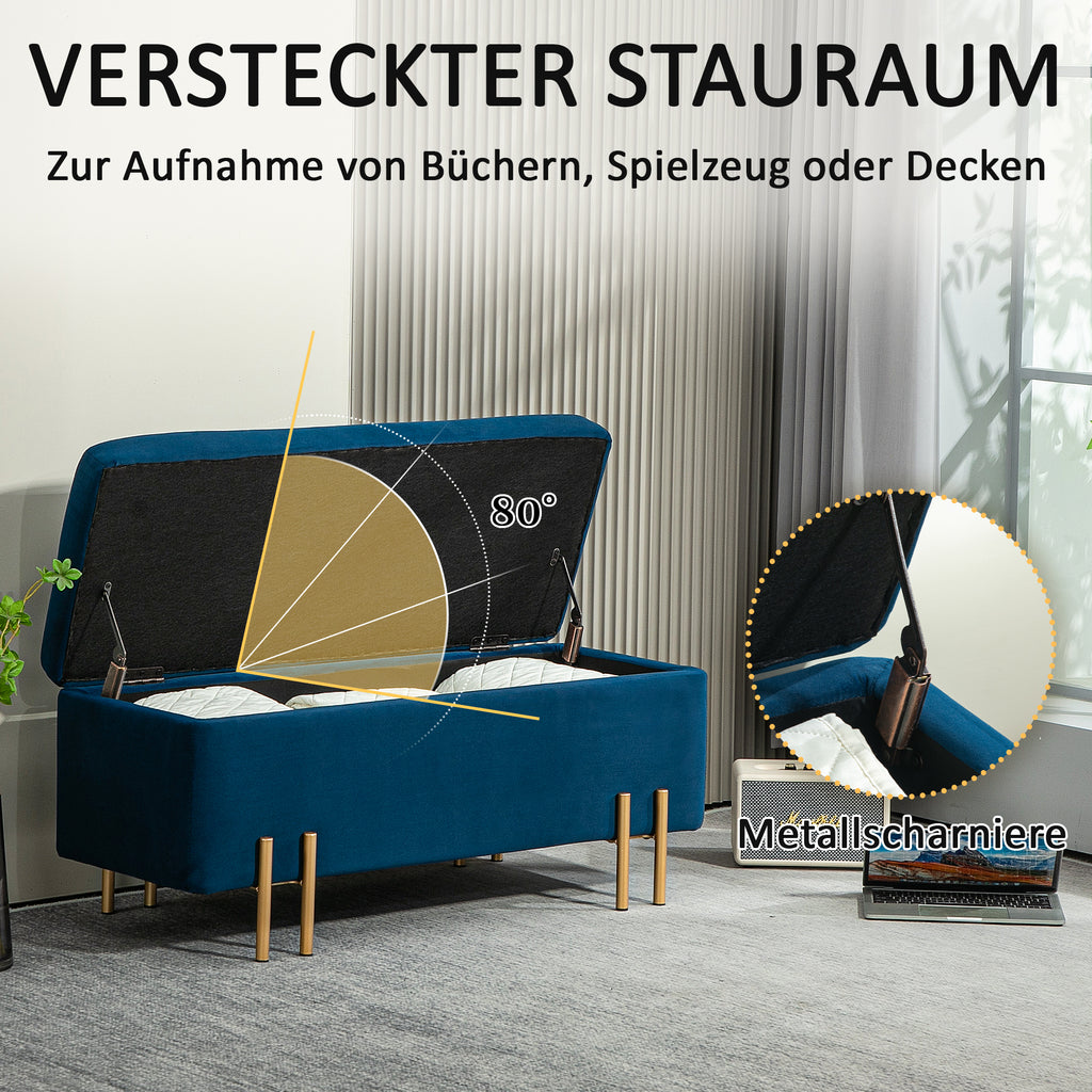 HOMCOM Sitzbank, Polsterbank mit Stauraum, Metall, Kautschukholz, Schaumstoff, 100 x 40 x 42 cm, Dunkelblau