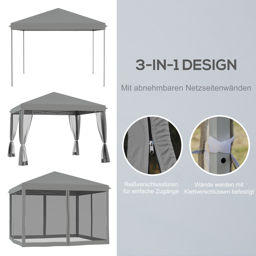 Outsunny Faltpavillon, Faltzelt mit Seitenwänden inkl. Tragetasche, Gartenpavillon, Metall, Oxfordstoff, 3 x 3 m, Hellgrau